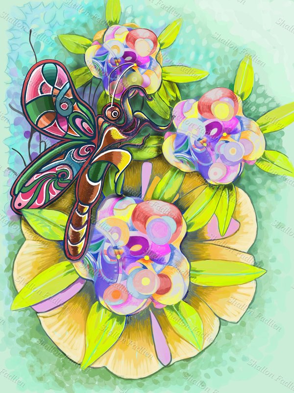 Detailed ink drawing with dense pattern and botanical line work on paper