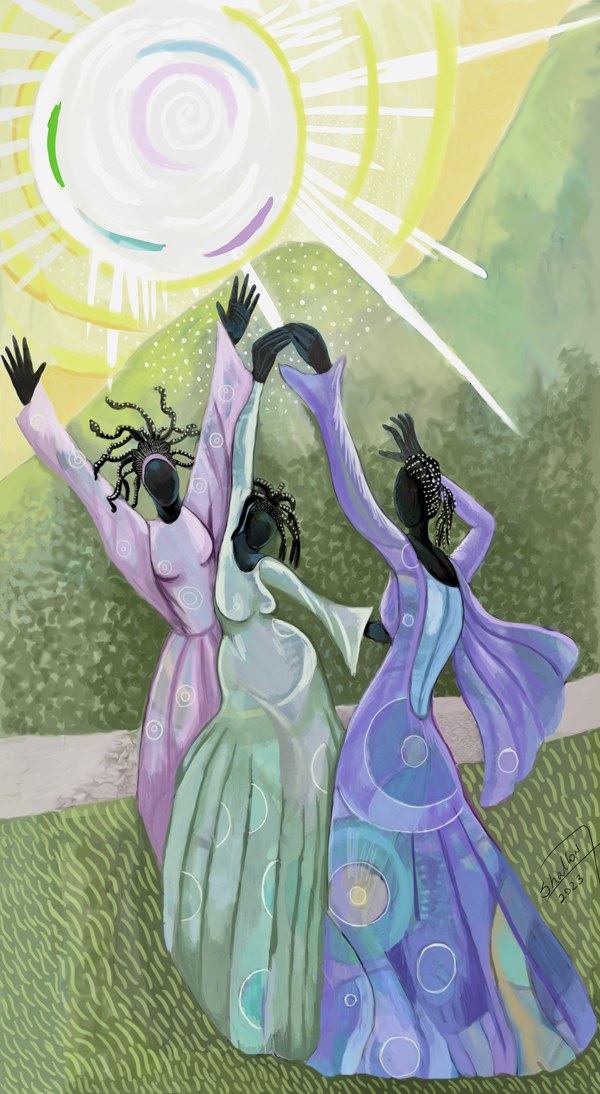 Brushes and mixed acrylic paint on a wooden palette in Shallon Fadlien's studio